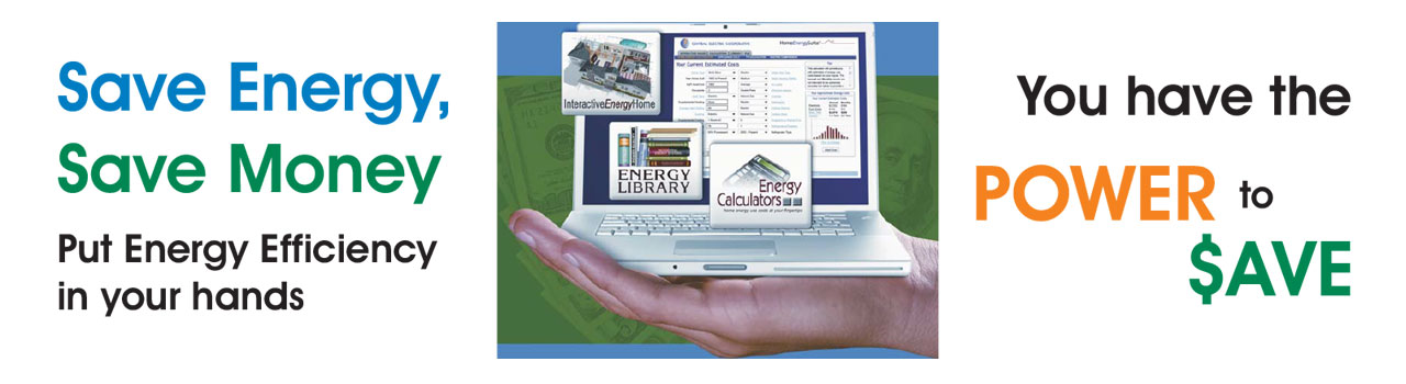 Photoshoped image of laptop in palm of hand. Text promoting energy savings